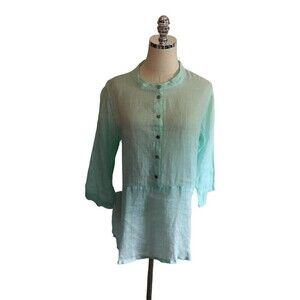 Color Me Cotton CMC Top Women's Size Medium Seafoam Green Linen Half Button Up